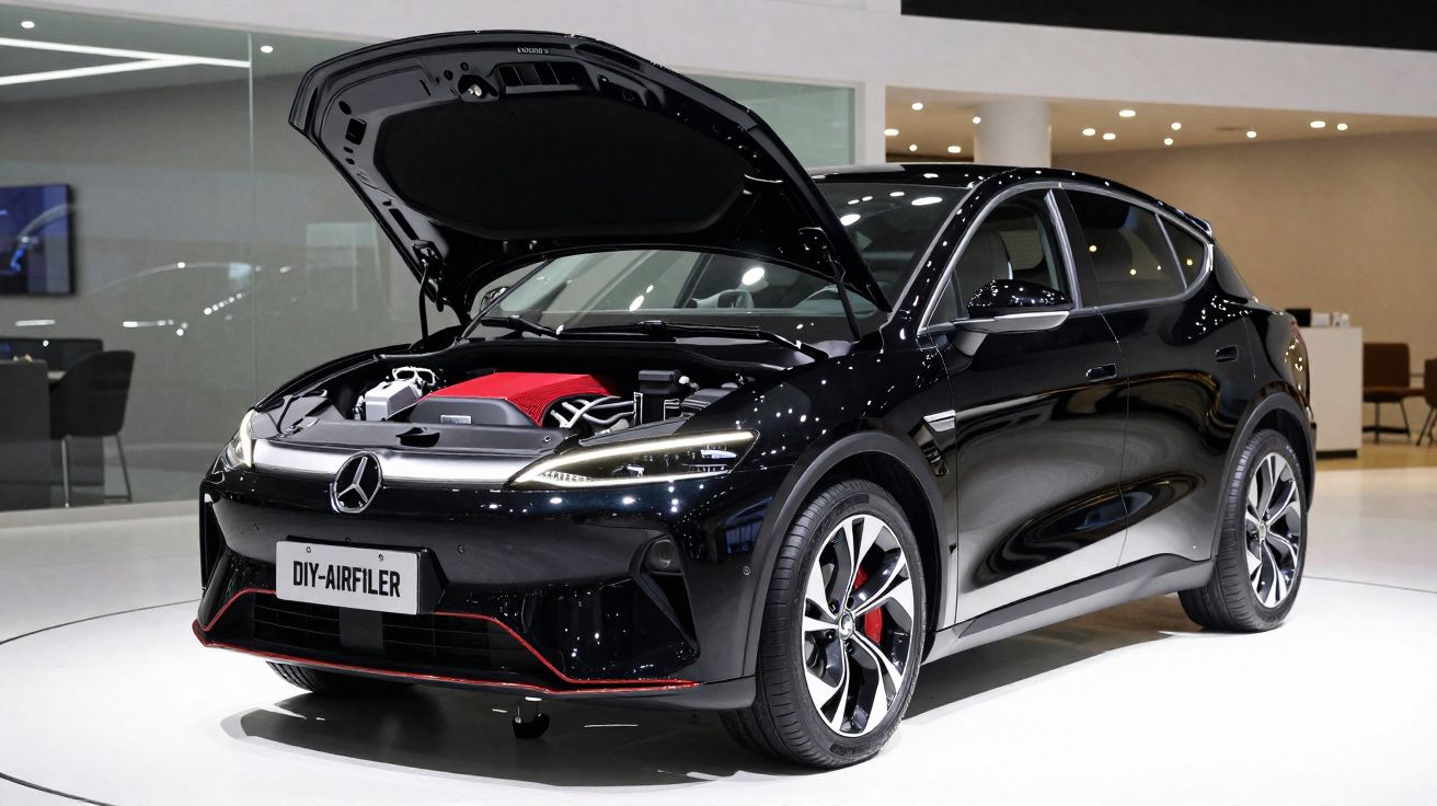 Carro elétrico preto Mercedes-Benz com capô aberto exposto em salão automóvel moderno.