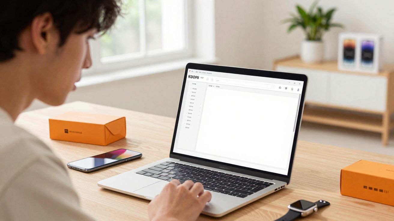 Pessoa a utilizar computador portátil numa secretária com smartphone e relógio inteligente.