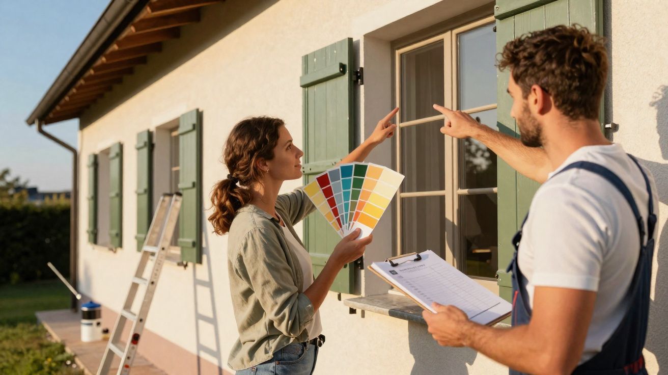 Casal a escolher cores para pintar a fachada de casa, com amostras de tinta e prancheta junto à janela.