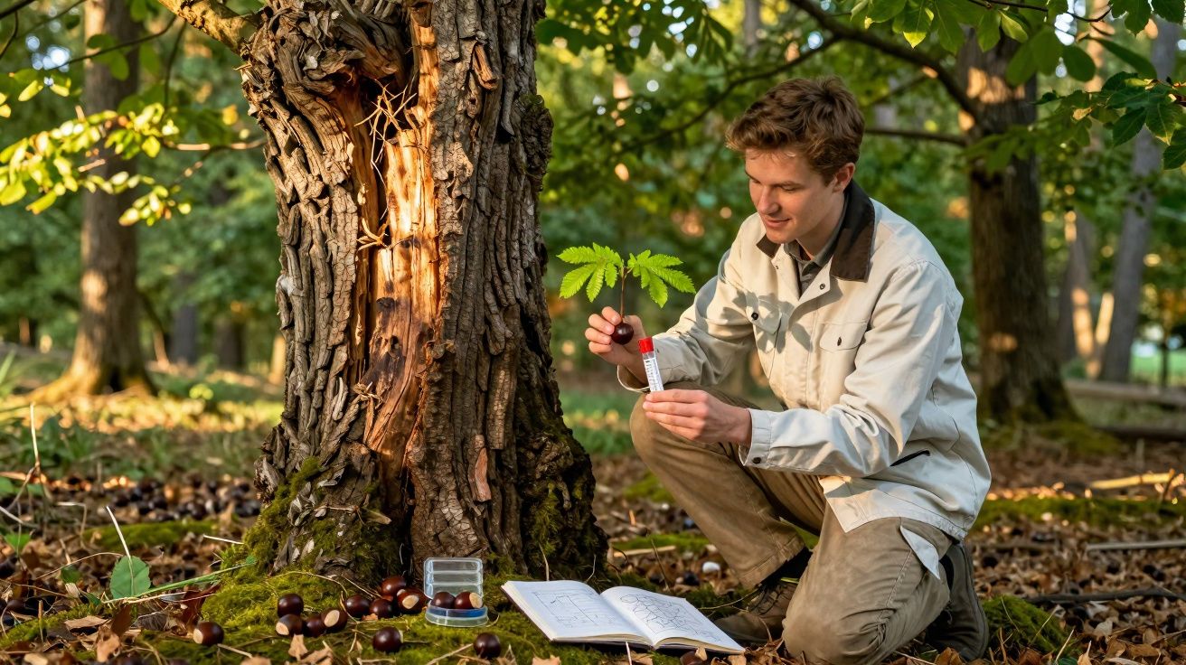 Jovem recolhe amostra de folha perto de árvore antiga em floresta com livro aberto no chão.