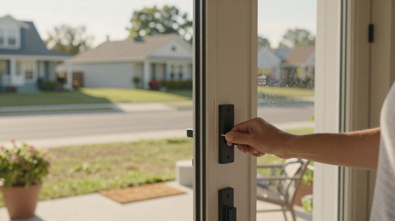 Mão a inserir chave na fechadura de porta de vidro com vista para rua e casas em bairro residencial.