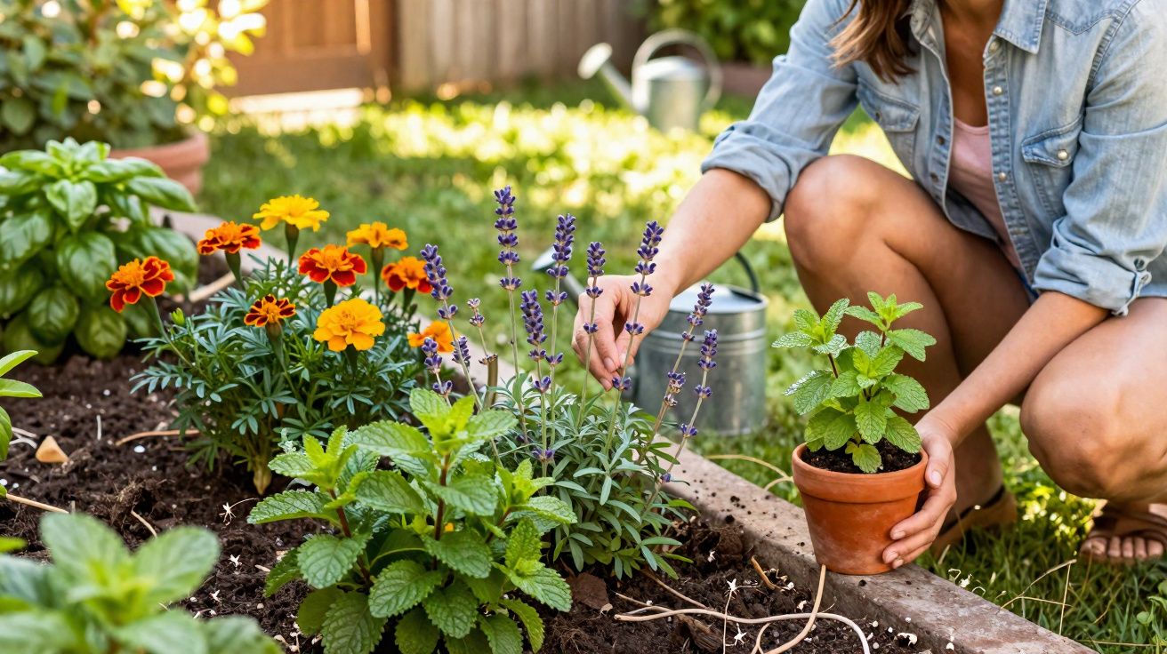 Mulher a cuidar de plantas aromáticas e flores num jardim, segurando vaso de ervas aromáticas.