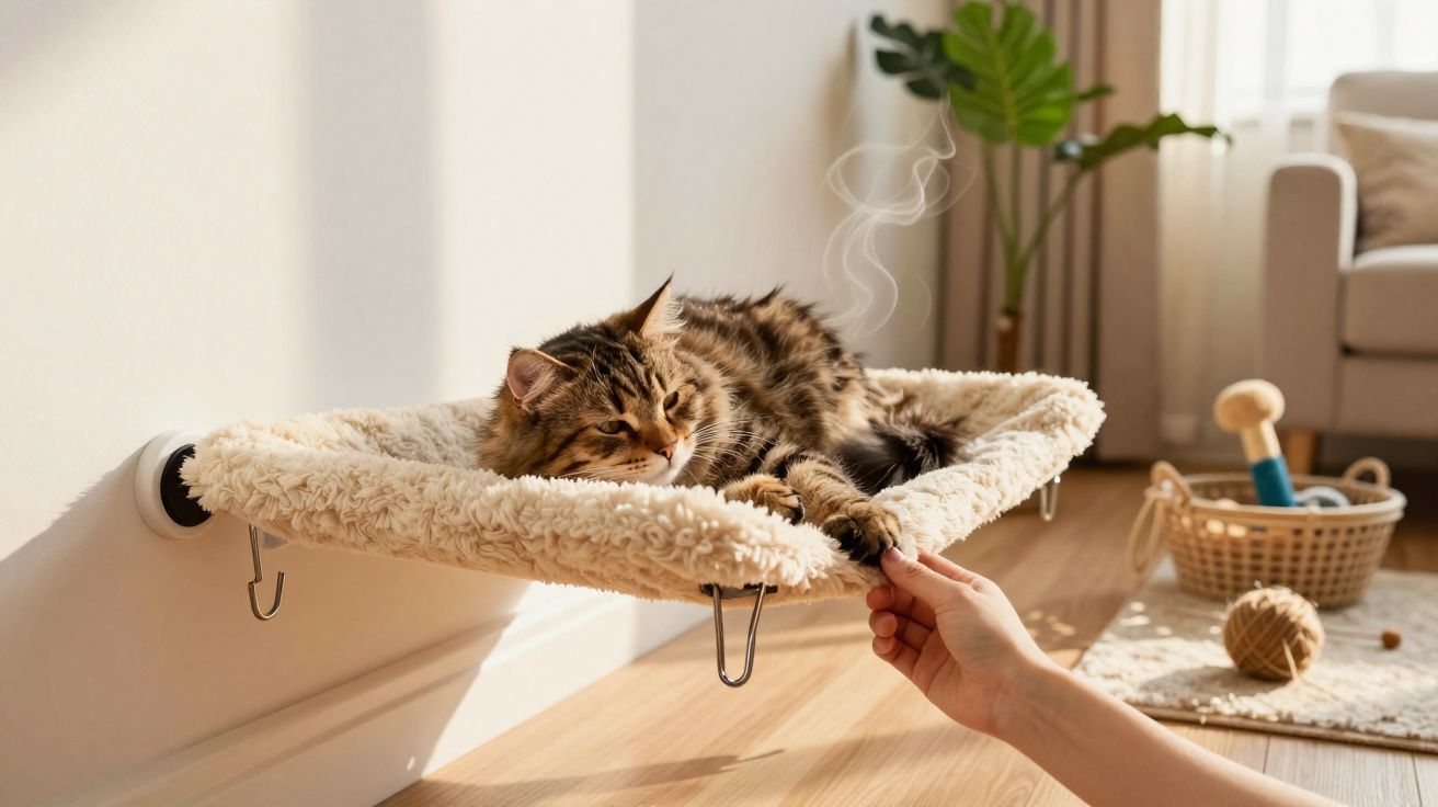 Gato relaxado numa cama suspensa junto à parede enquanto uma mão lhe toca a pata, num ambiente acolhedor.