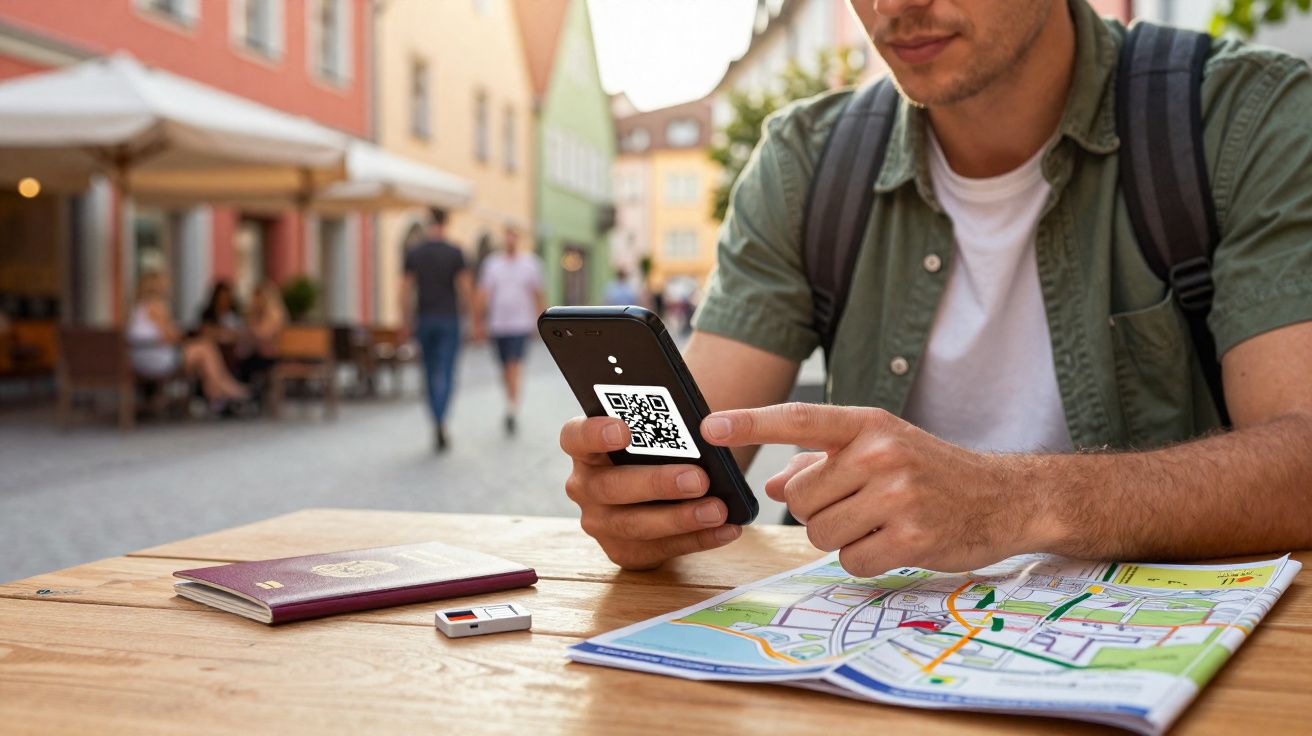 Homem a usar smartphone com código QR na tela, mapa, passaporte e chave USB numa mesa de madeira.