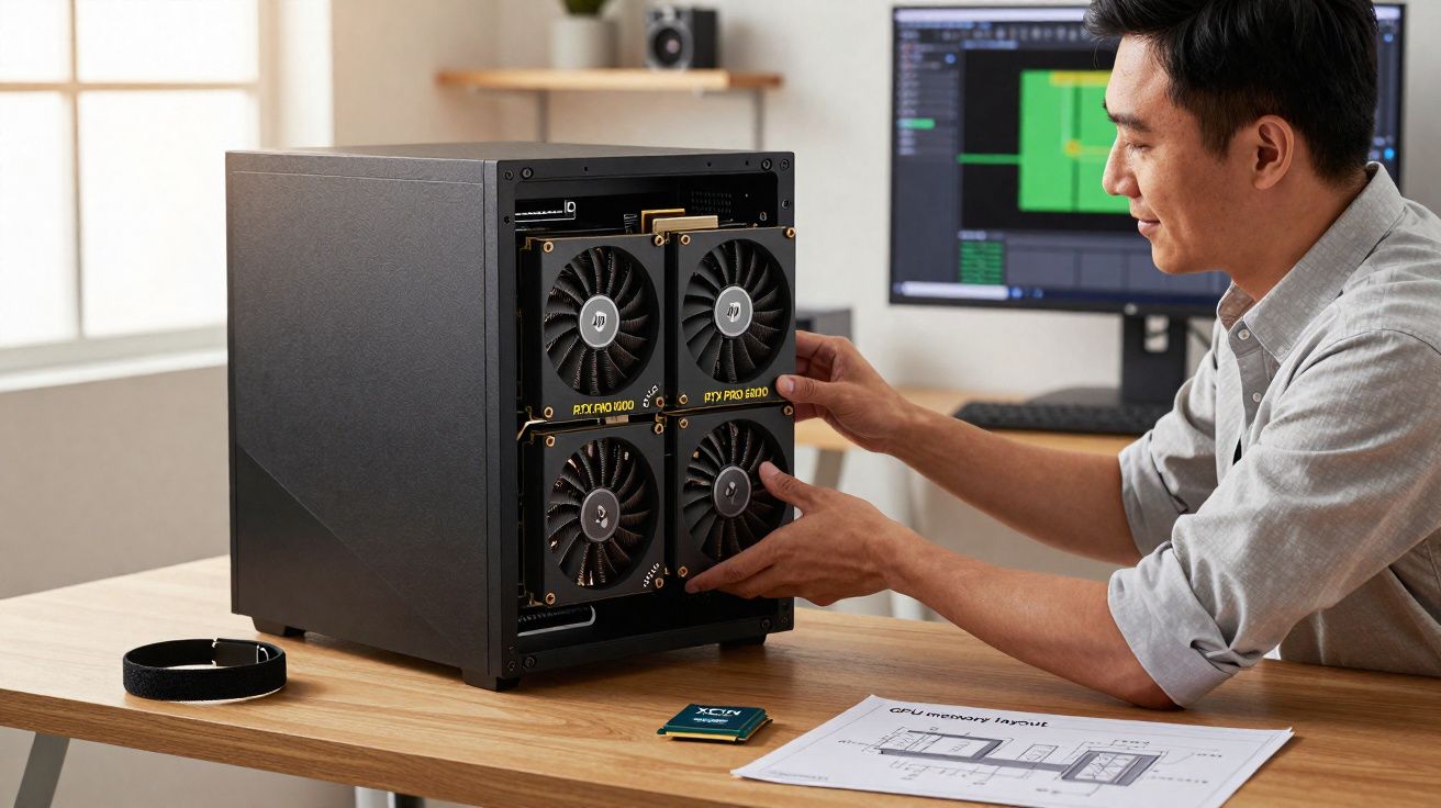 Homem a instalar quatro placas gráficas numa torre de computador numa secretária com plantas e documentos.