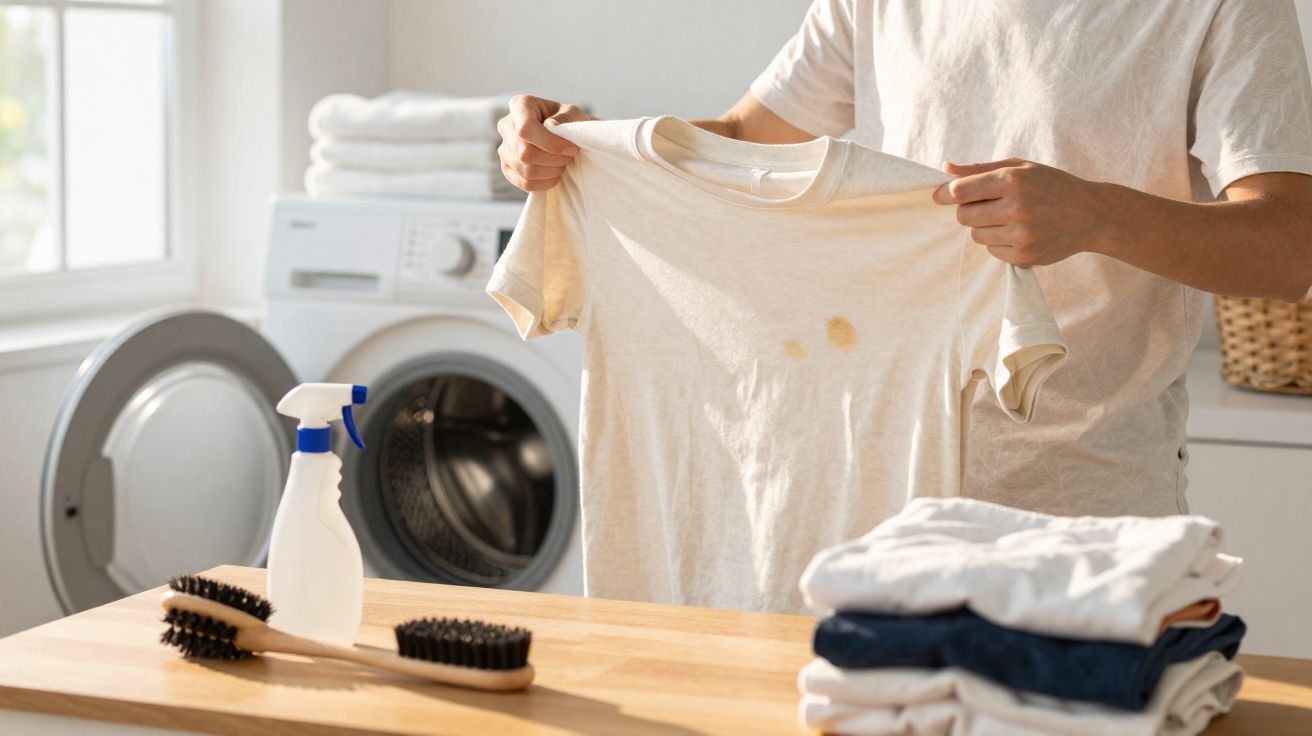 Pessoa a segurar uma t-shirt com manchas amarelas em frente à máquina de lavar roupa na área de lavandaria.