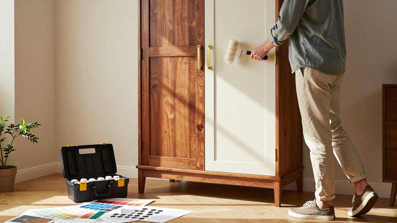 Pessoa a pintar armário de madeira com rolo branco em ambiente iluminado com caixa de tintas no chão.