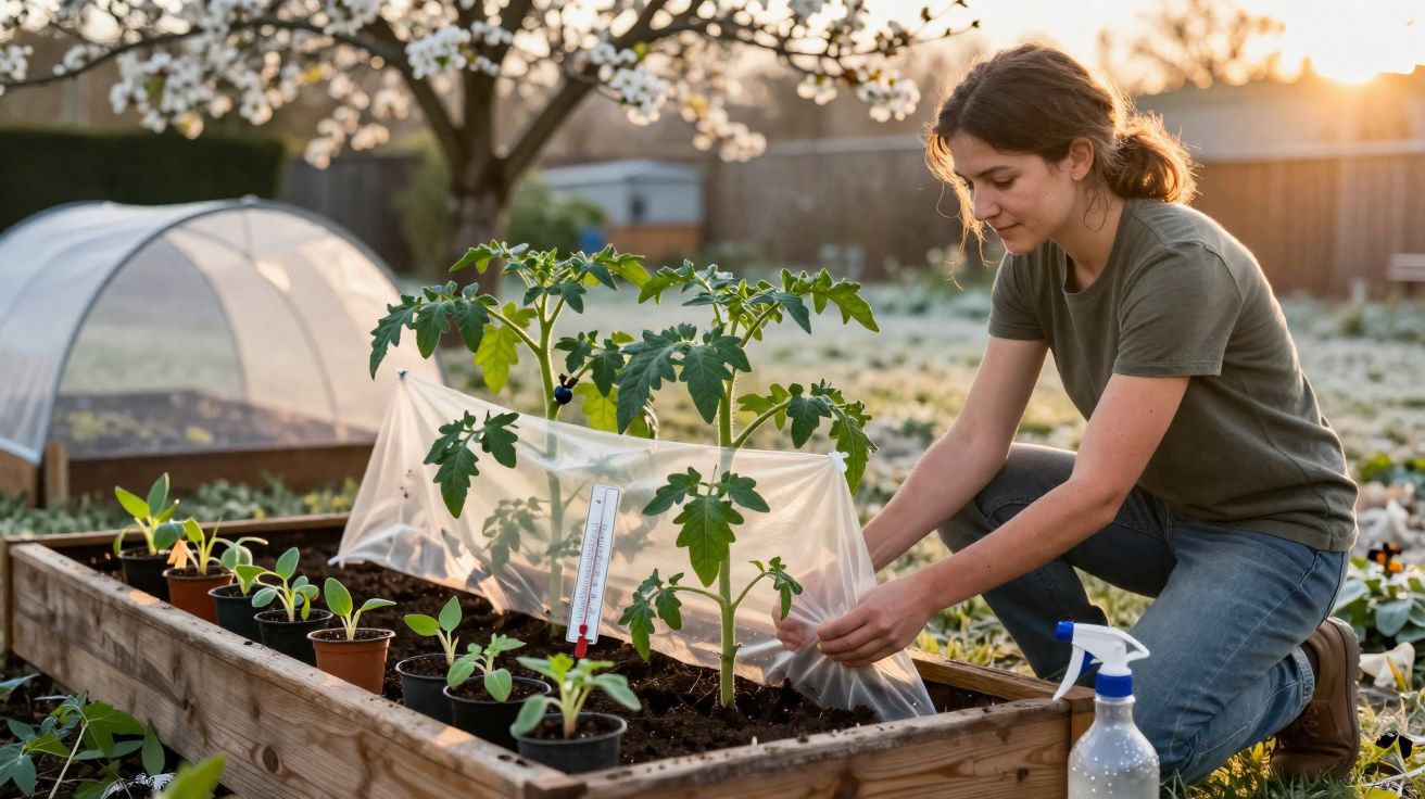 Mulher protege planta de tomate numa estufa improvisada num canteiro de jardim ao pôr do sol.