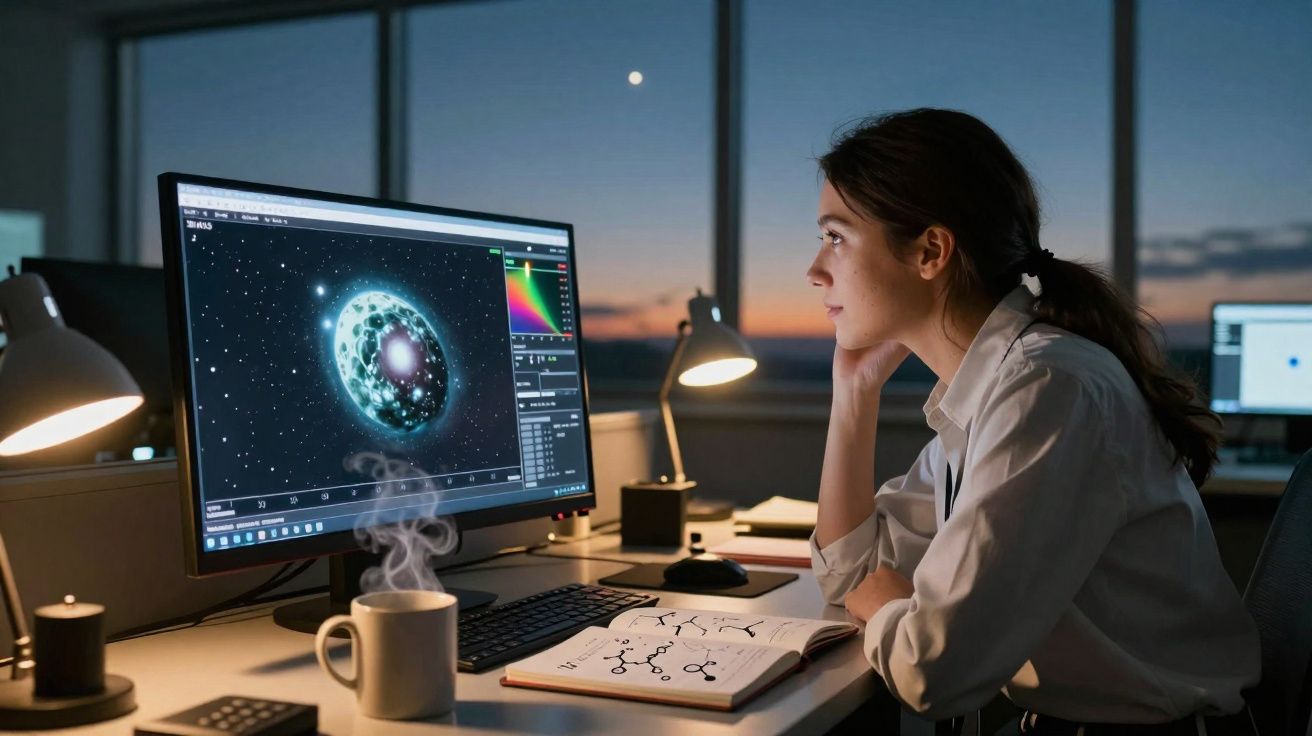 Mulher jovem a olhar para modelo 3D da célula no ecrã do computador num escritório ao entardecer.