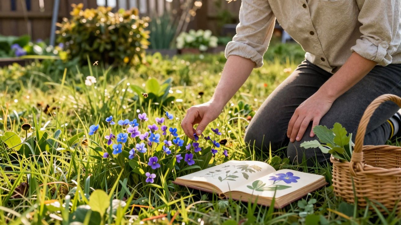 Pessoa colhe flores roxas num jardim, com caderno de botânica aberto e cesta de vime ao lado.