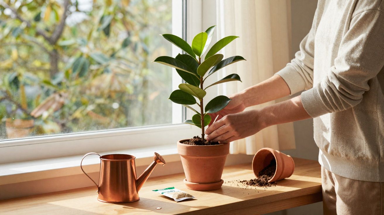 Pessoa a cuidar de planta em vaso de barro numa mesa junto a janela, com regador e terra caída.