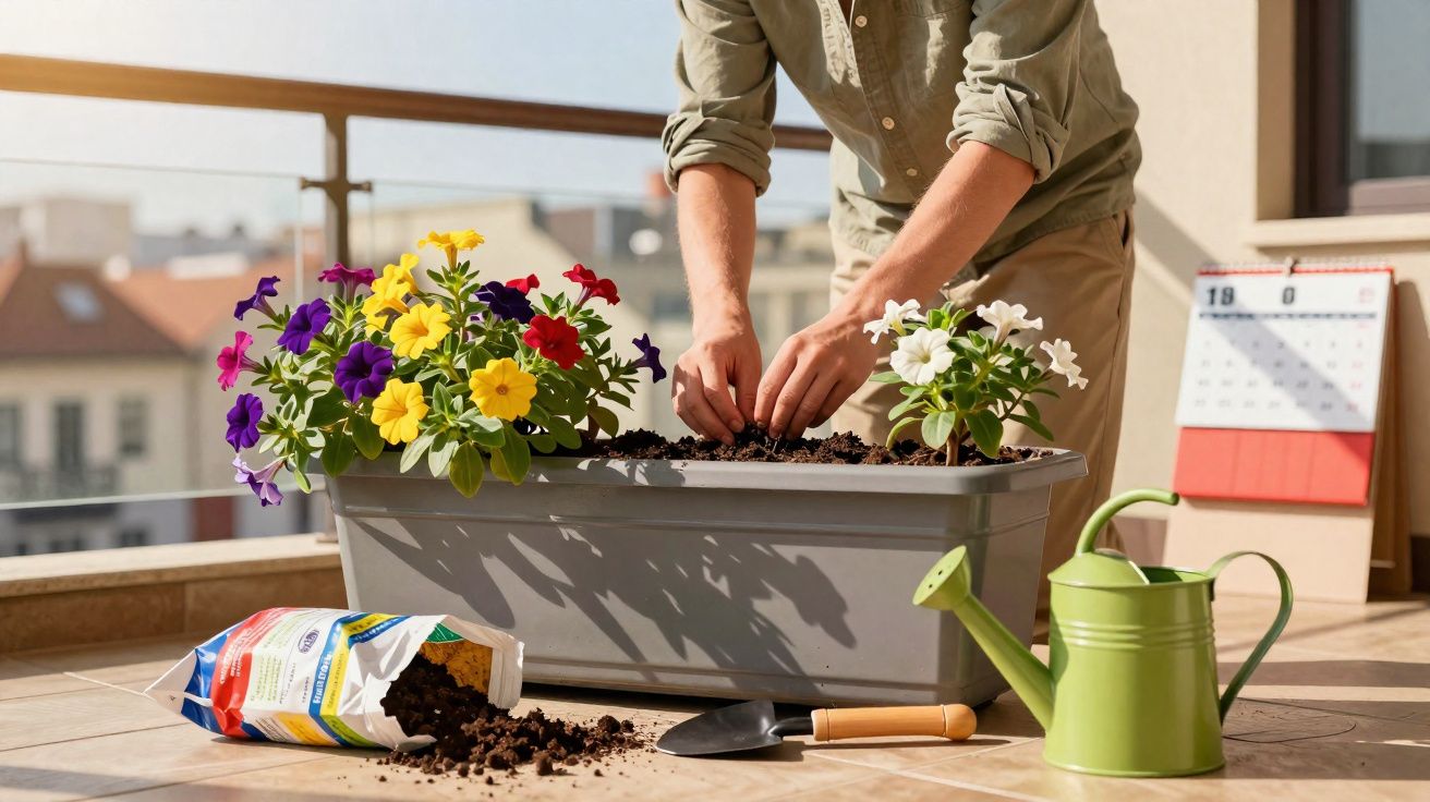 Pessoa a plantar flores coloridas num vaso grande numa varanda ensolarada, com regador e terra espalhada.