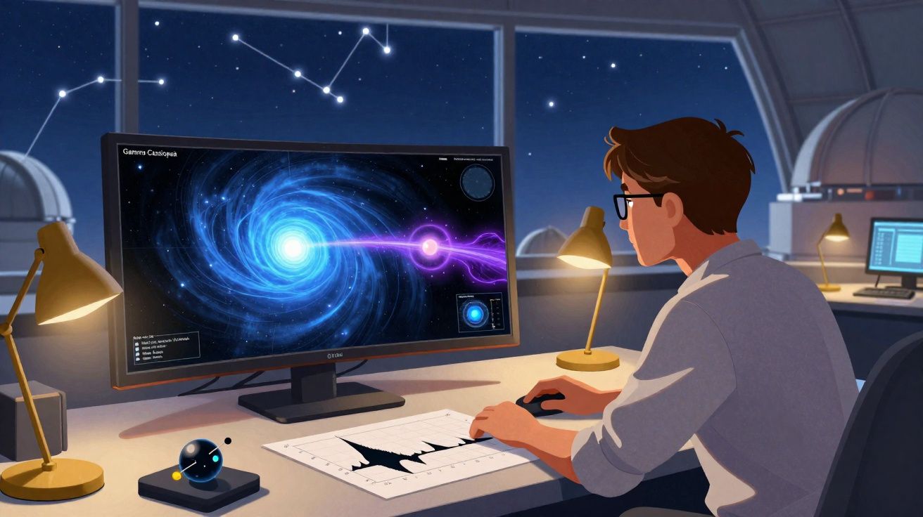 Pessoa a observar num laboratório uma simulação de buraco negro e constelações no monitor.