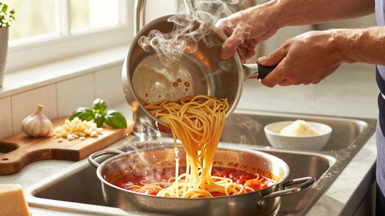 Pessoa a escorrer esparguete quente e a deitar numa panela com molho vermelho na cozinha.