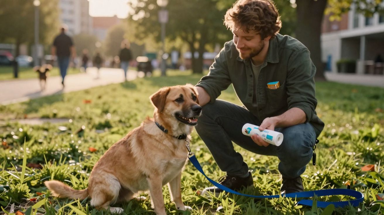 Homem acaricia cão sentado na relva num parque urbano ao entardecer.