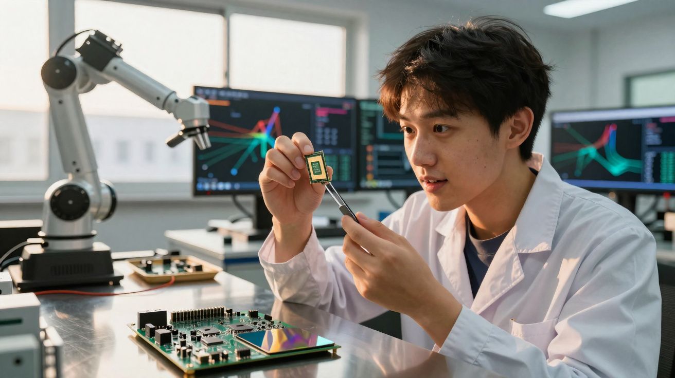 Cientista em bata branca examina microchip num laboratório tecnológico com circuitos e braços robóticos.