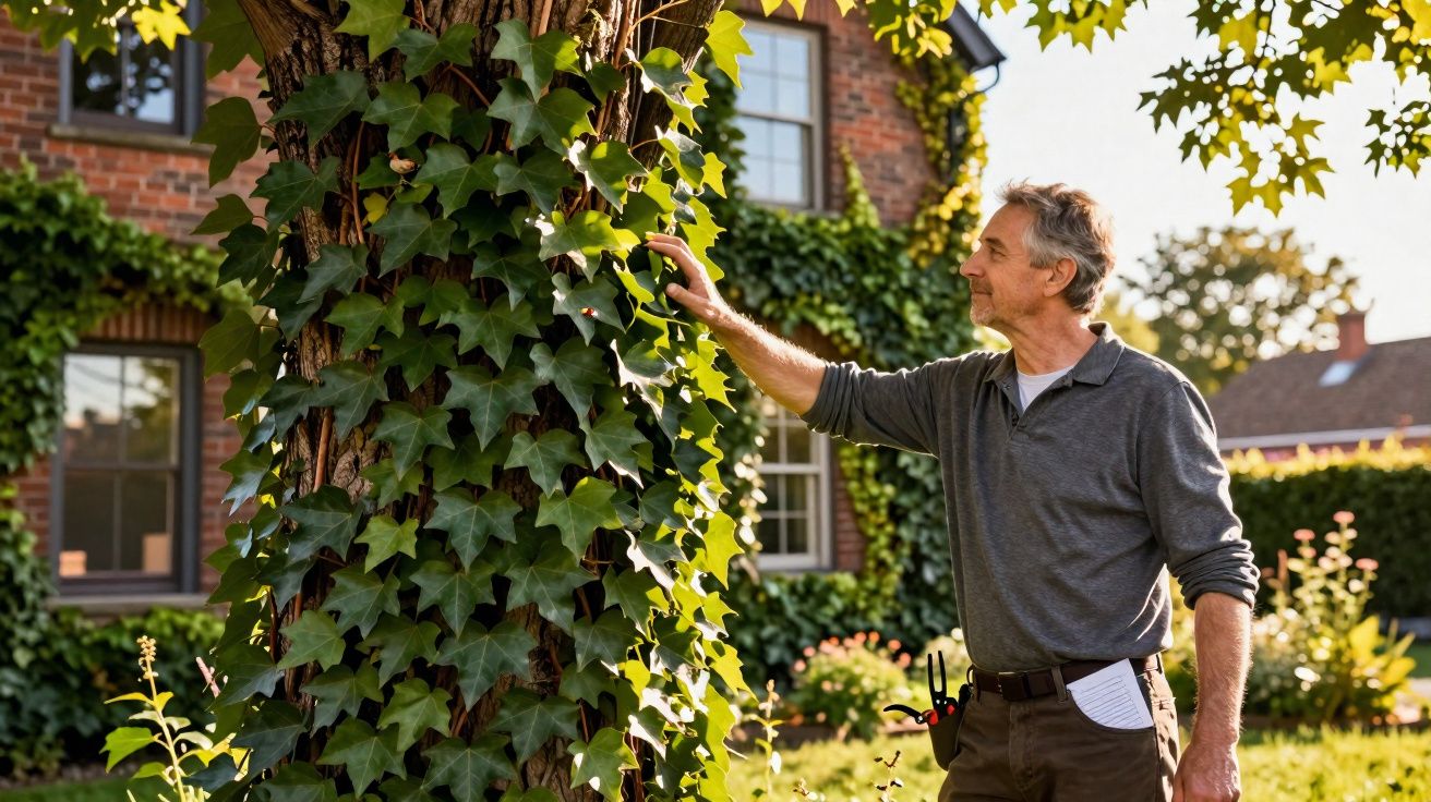 Homem a cuidar de hera num tronco de árvore em jardim de casa com paredes de tijolo.
