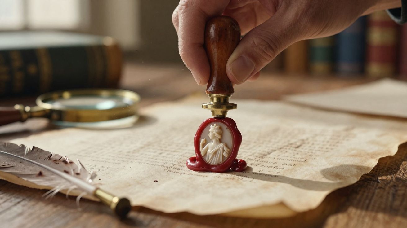 Mão a pressionar selo de lacre vermelho com relevo em papel antigo, ao lado de pena e lupa numa mesa de madeira.