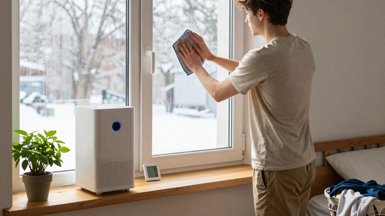 Jovem limpa janela numa divisão com ar condicionado, planta e termómetro na janela.