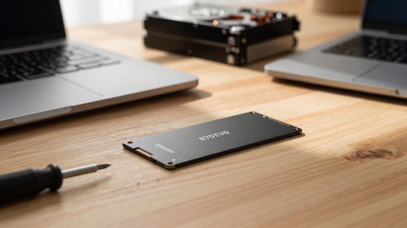 SSD M.2 870 EVO numa mesa de madeira entre dois portáteis e uma chave de fendas preta.