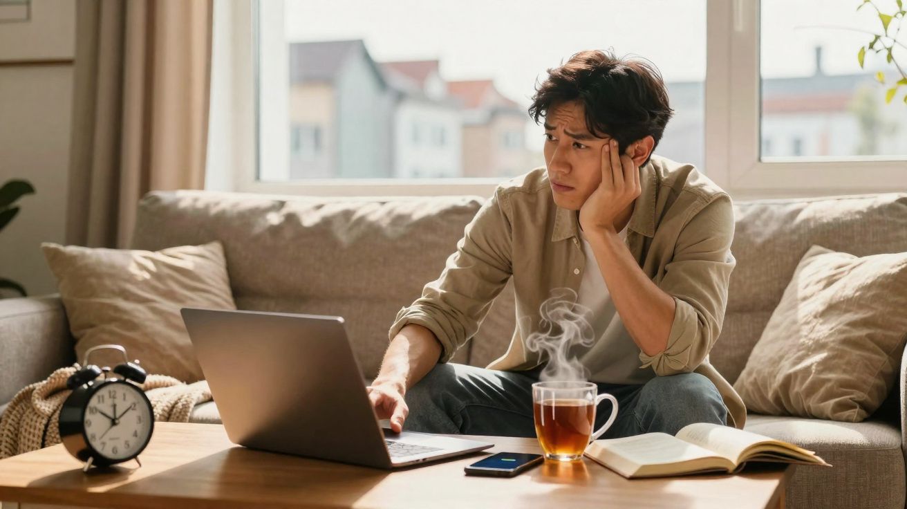 Homem preocupado sentado no sofá a usar computador portátil com chá e livro à frente.