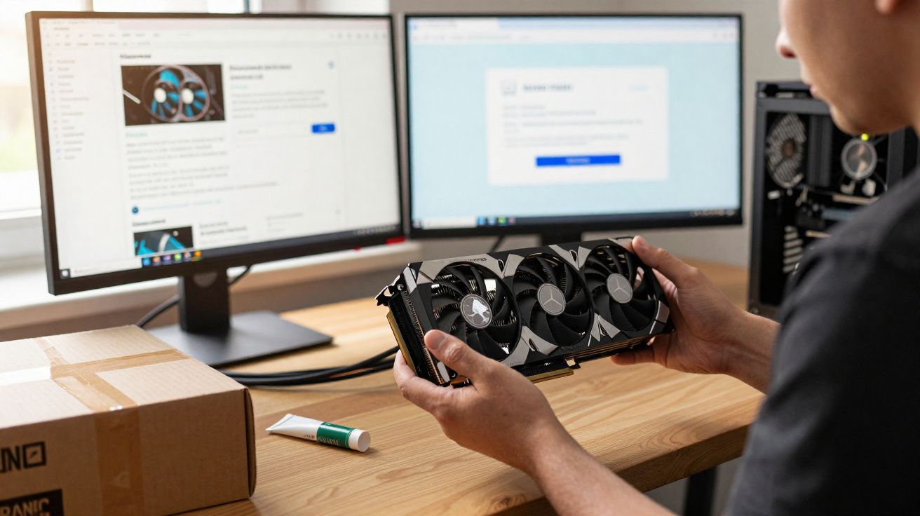 Pessoa a segurar uma placa gráfica em frente a dois ecrãs e uma mesa com caixa e pasta térmica.