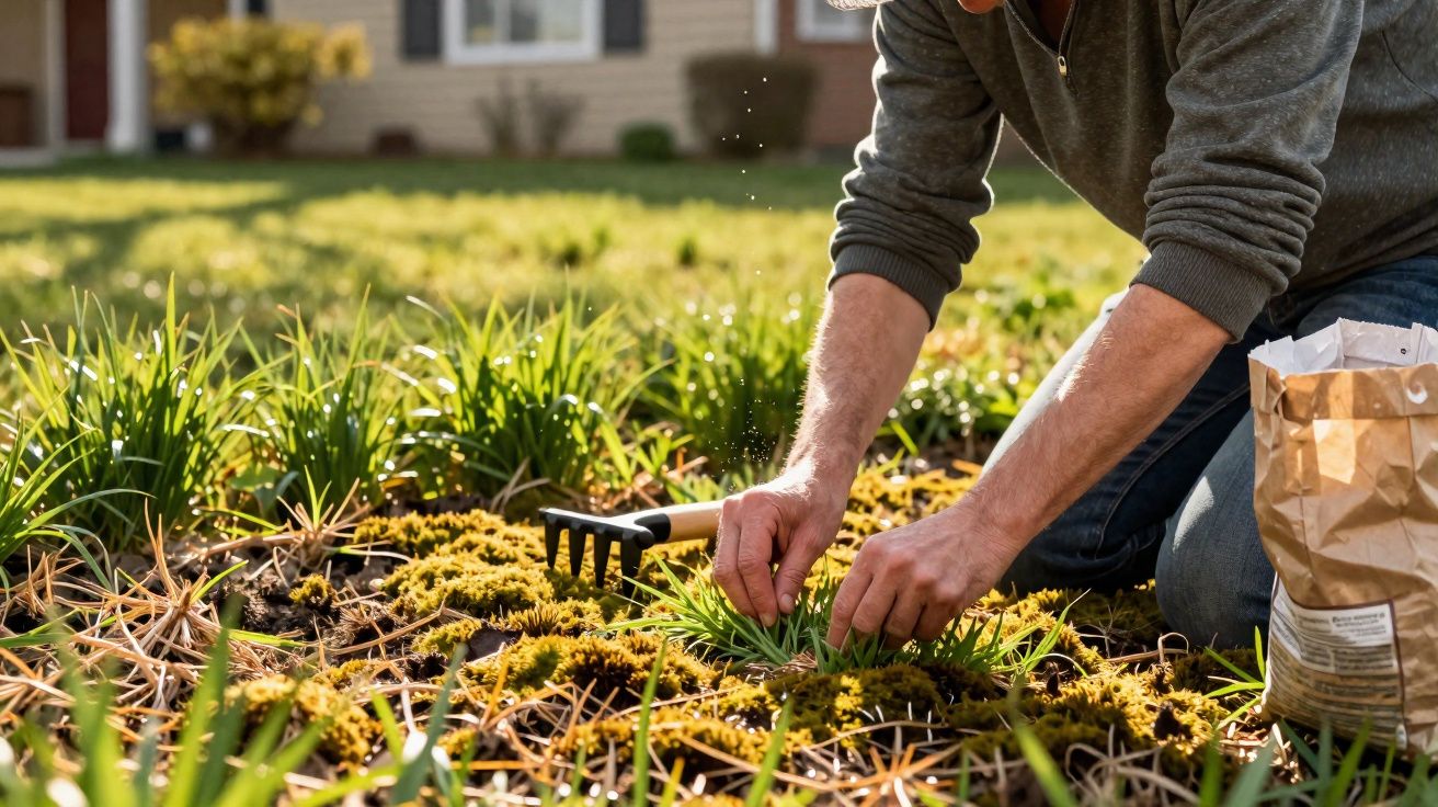 Pessoa a cuidar de plantas num jardim ensolarado, com saco de terra ao lado e gotas de água no ar.