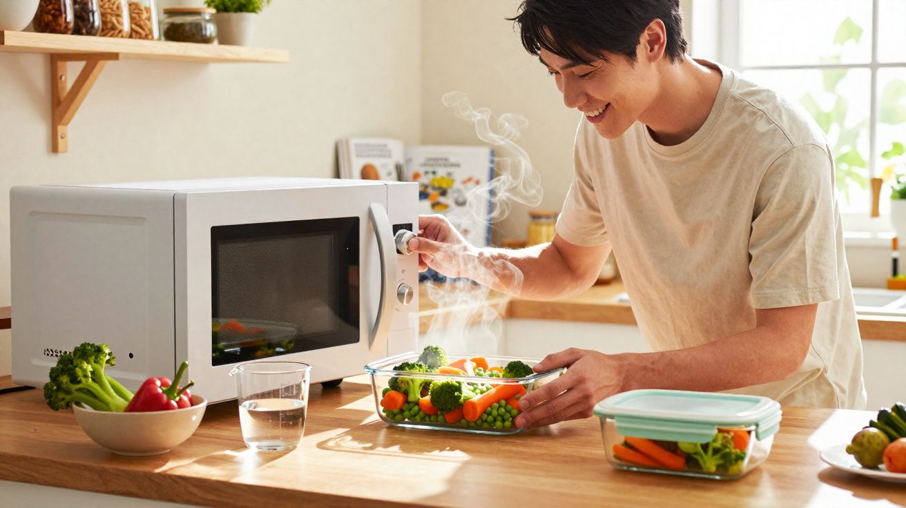 Homem a cozinhar legumes frescos no micro-ondas numa cozinha iluminada e moderna.