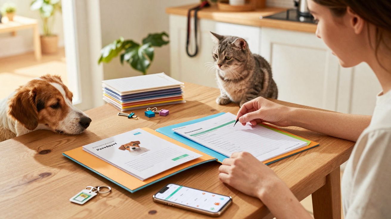 Mulher sentada à mesa com cão e gato, a preencher documentos relacionados com um animal de estimação.