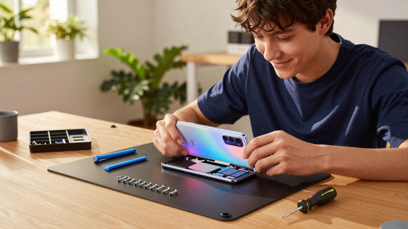 Jovem a abrir a tampa traseira de um smartphone para reparar ou montar numa mesa com ferramentas.