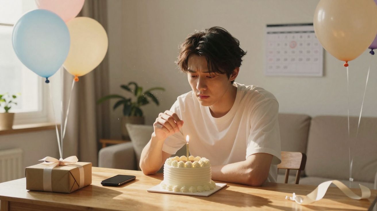 Homem sozinho sentado a olhar para um bolo de aniversário com uma vela acesa, numa sala decorada com balões.