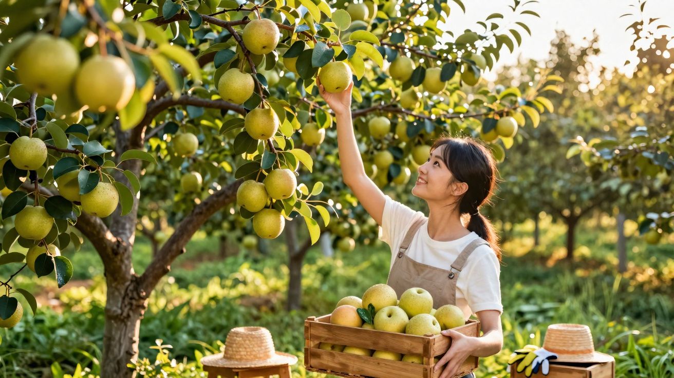 Mulher a colher peras maduras numa árvore, segurando uma caixa de madeira cheia de fruta no pomar ao entardecer.