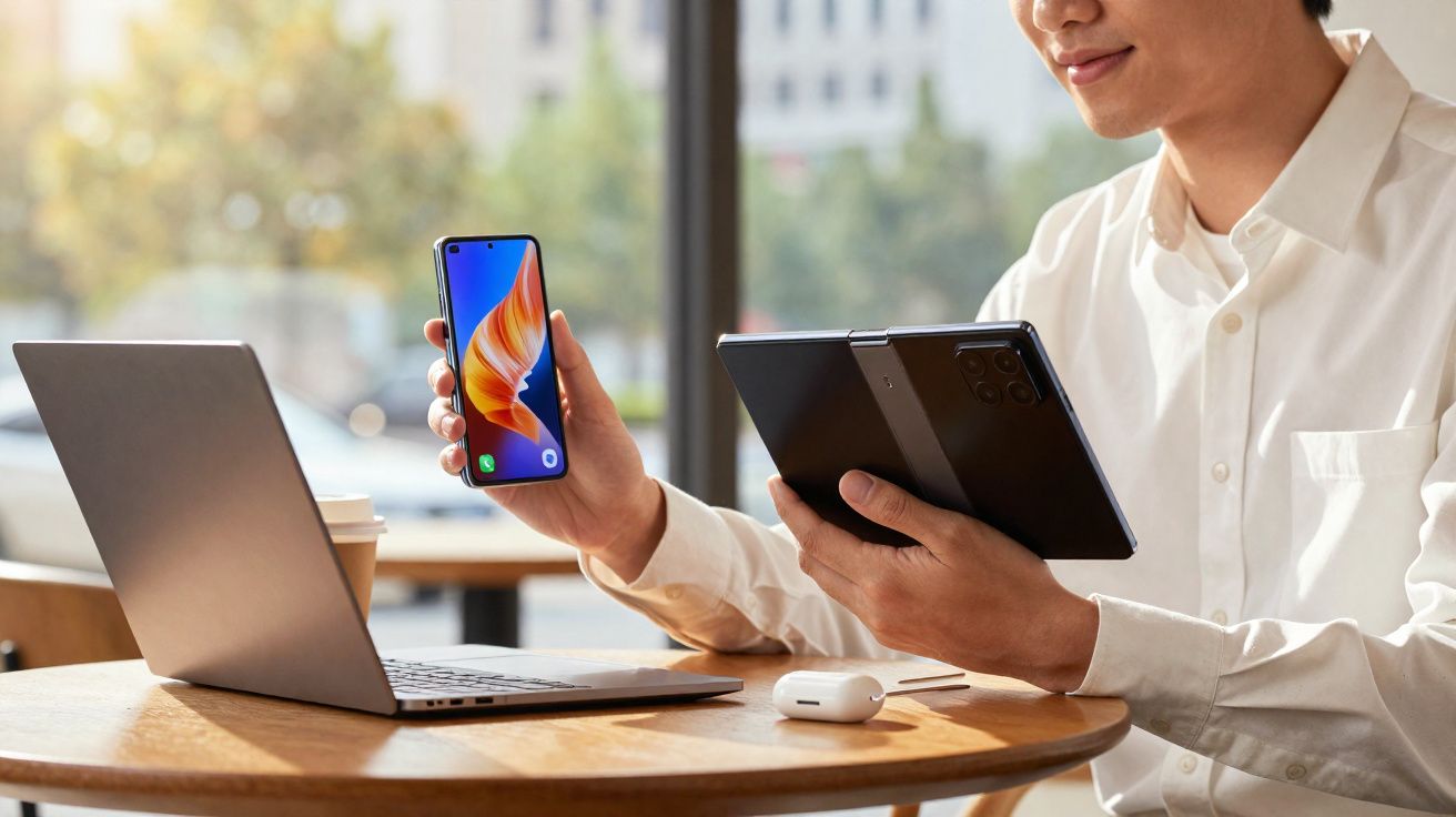 Pessoa em ambiente de trabalho com portátil, telemóvel e tablet dobrável numa mesa redonda junto à janela.