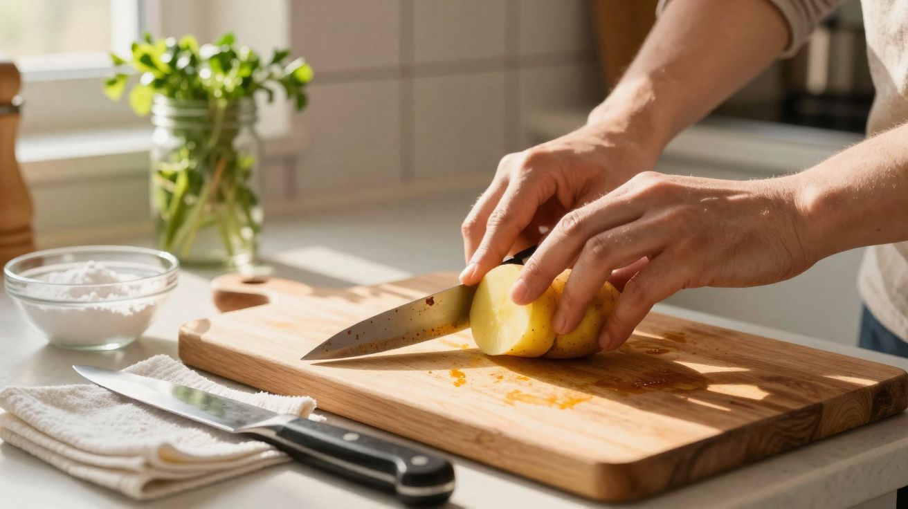 Pessoa a cortar uma batata com faca numa tábua de madeira numa cozinha iluminada pela luz natural.