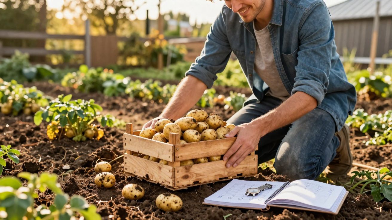 Homem a apanhar batatas numa caixa de madeira numa quinta, com caderno e caneta no chão.