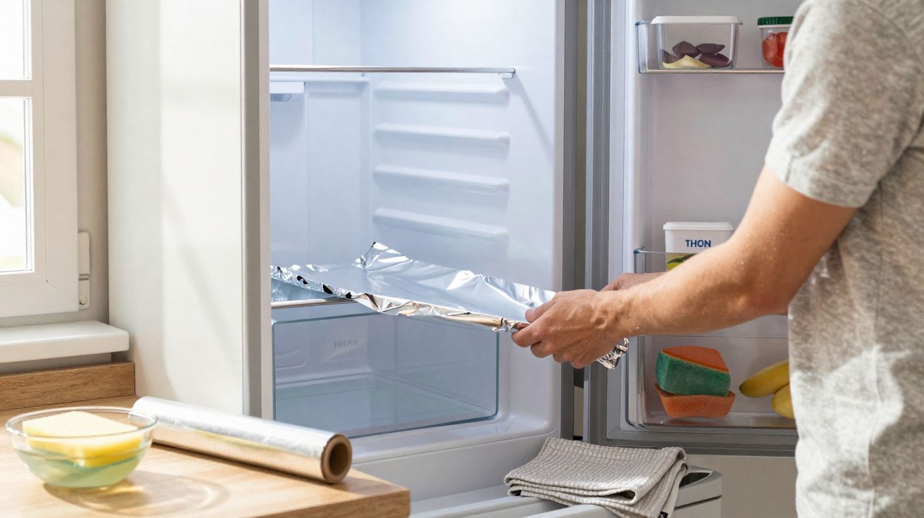 Pessoa a colocar uma travessa coberta com papel alumínio no frigorífico de cozinha doméstica.