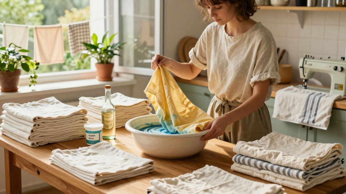Mulher a tingir tecido amarelo num recipiente com líquido azul numa cozinha iluminada.