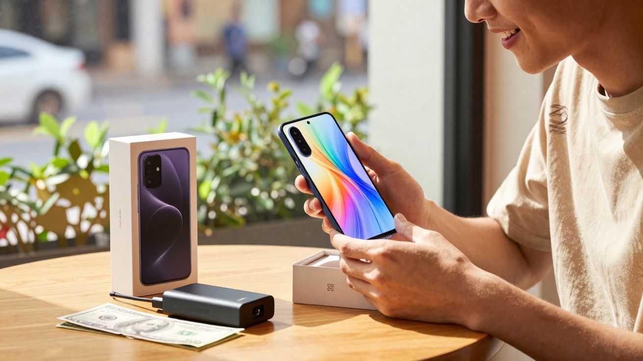 Pessoa a segurar um smartphone colorido sentado numa mesa com caixa de telemóvel, power bank e notas de dólar.