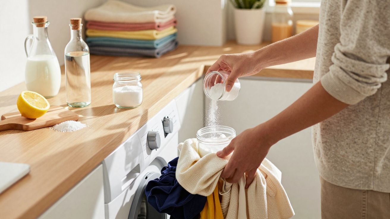 Pessoa a adicionar detergente em pó na máquina de lavar roupa numa cozinha luminosa.