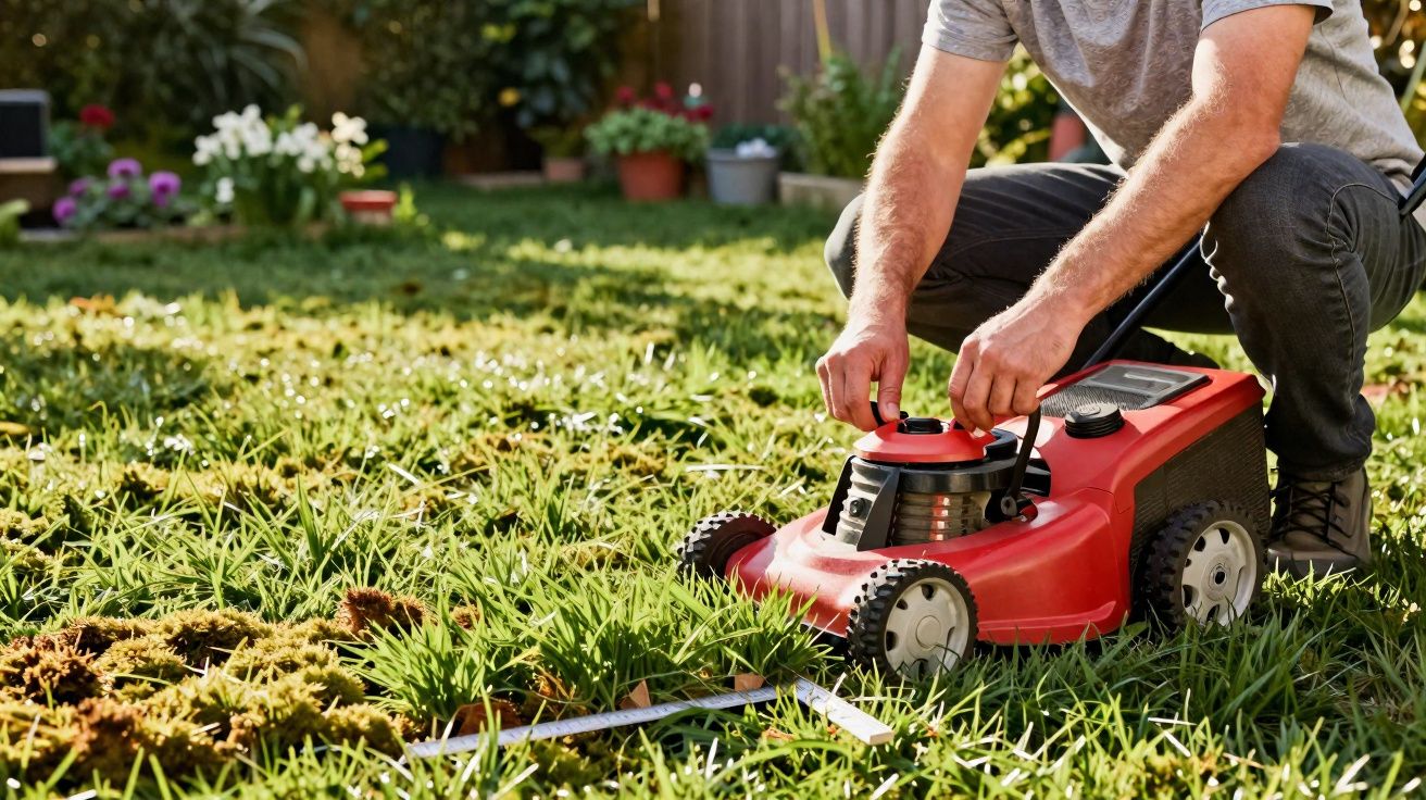 Pessoa a preparar uma roçadora vermelha para cortar relva num jardim com plantas e flores.