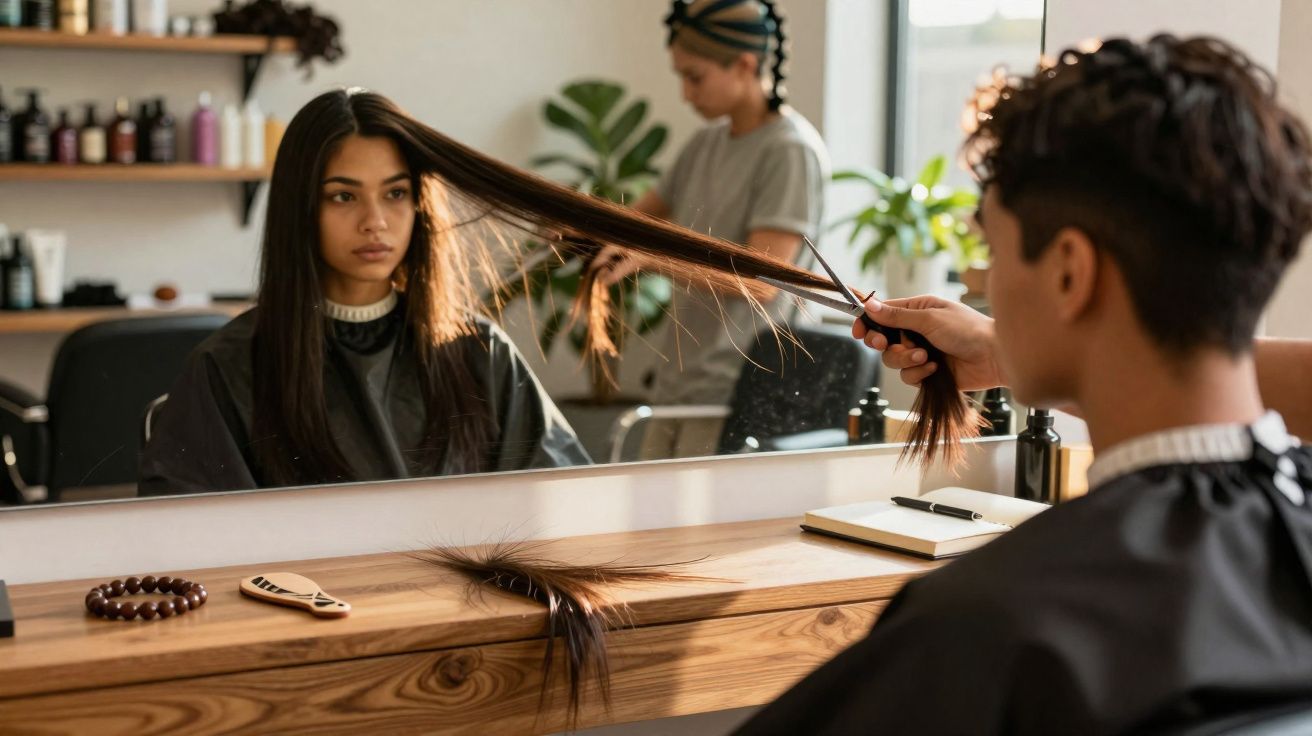 Jovem mulher sentada no cabeleireiro a cortar cabelo comprido com cabeleireiro a segurá-lo.