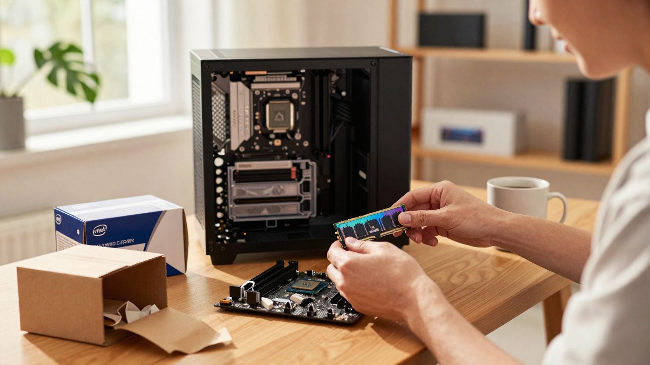 Pessoa a montar computador, segurando uma memória RAM junto a uma motherboard sobre mesa de madeira.
