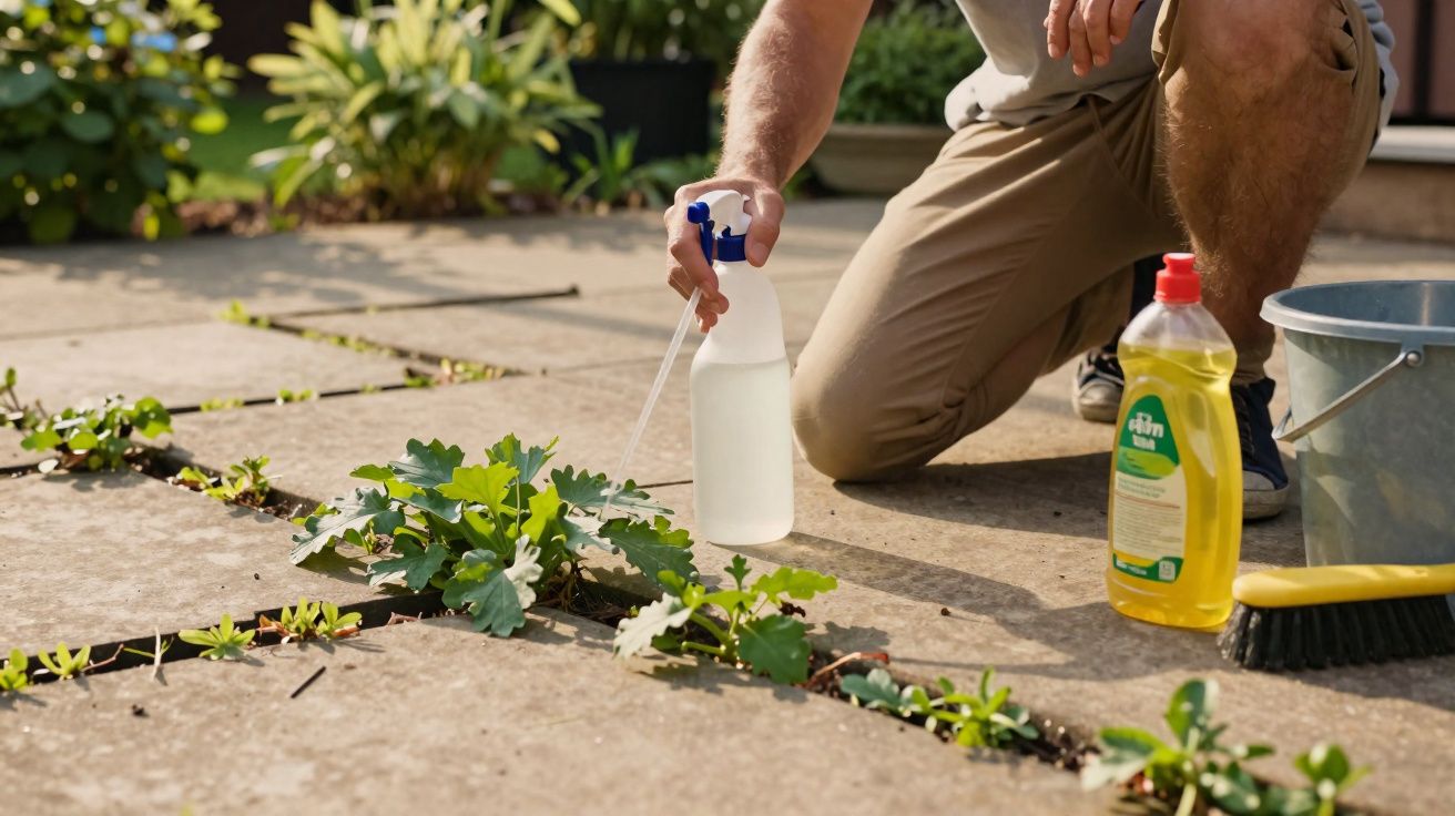 Pessoa a pulverizar ervas daninhas entre os azulejos de um passeio com produtos e pincel ao lado.