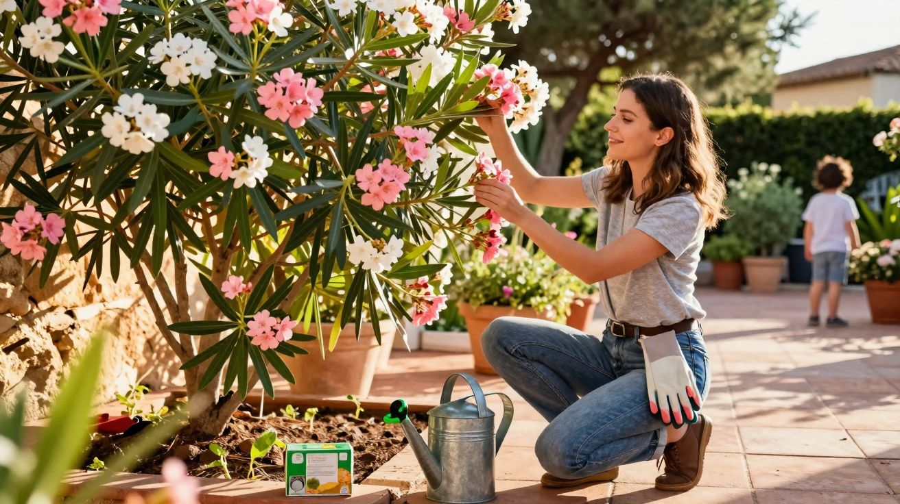Mulher a cuidar de flores cor de rosa num jardim com vaso de rega e criança ao fundo.