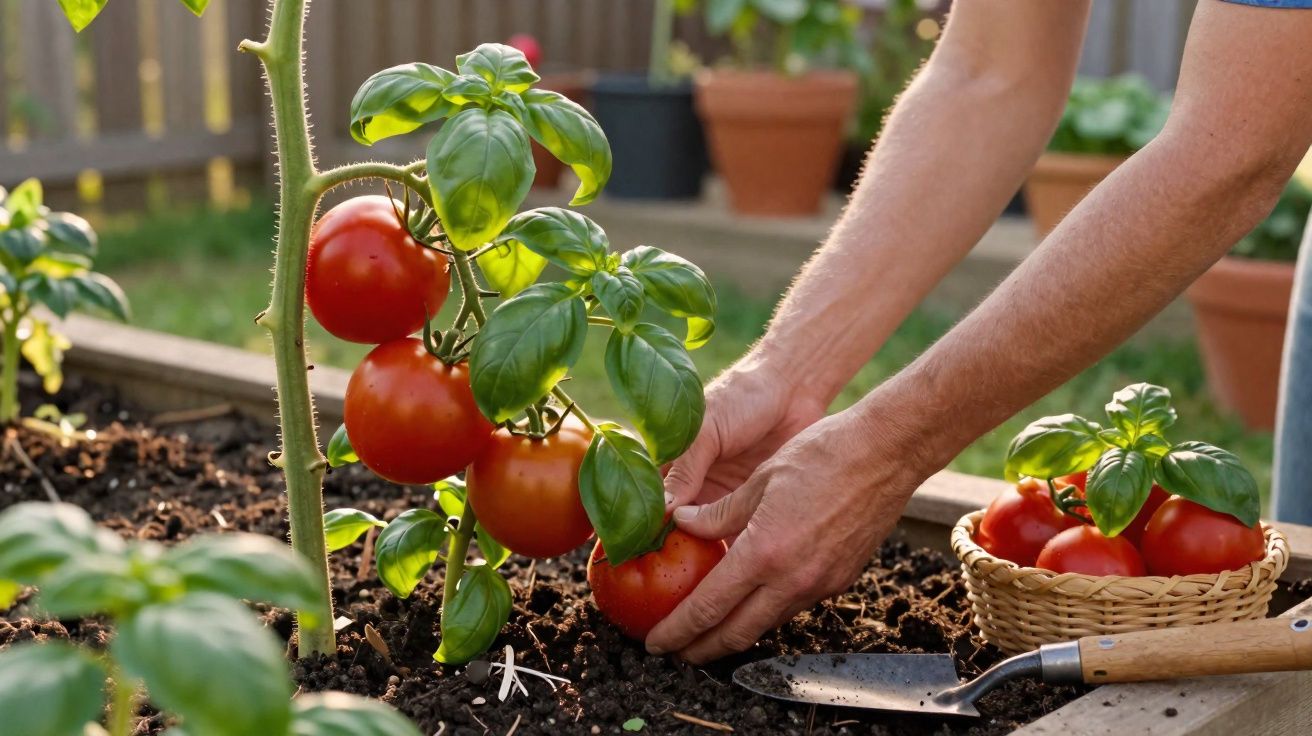 Mãos colhendo tomates maduros numa horta com cesta de tomates e azeda decorativa junto.