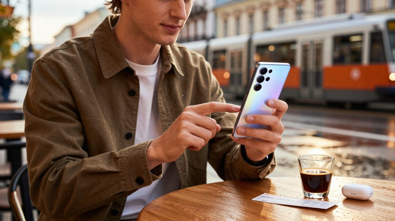 Homem sentado numa esplanada a usar um smartphone prateado junto a um café expresso e auriculares brancos.