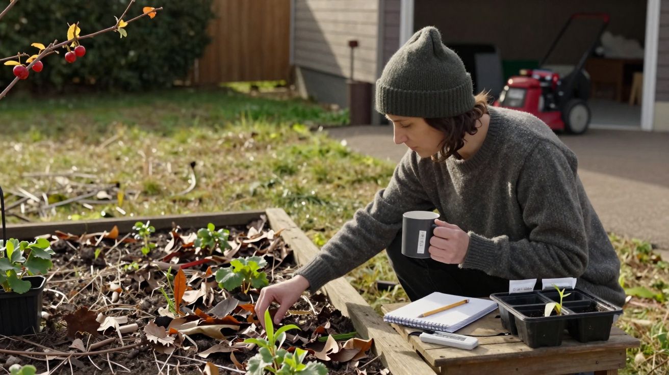 Pessoa com cachecol e gorro a cuidar de plantas numa horta, segurando uma caneca e com caderno ao lado.