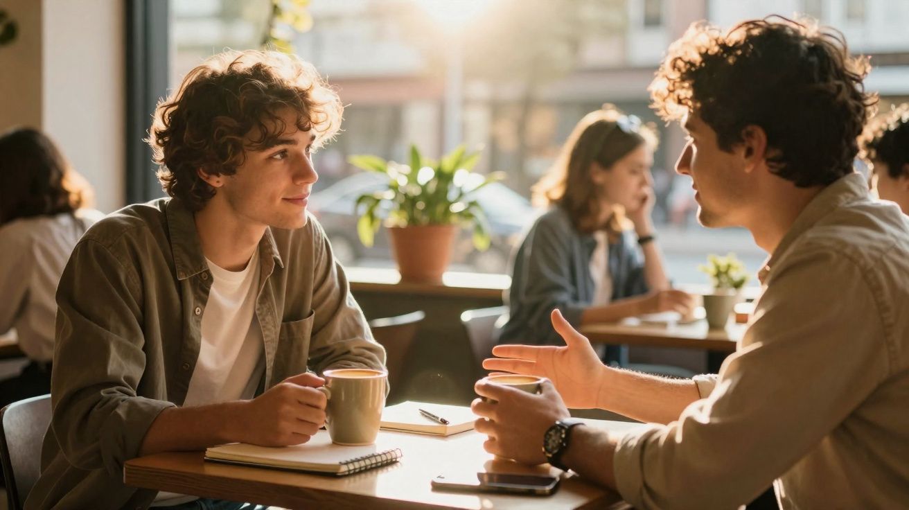 Dois jovens sentados numa cafetaria, conversando com uma caneca na mão e caderno sobre a mesa.