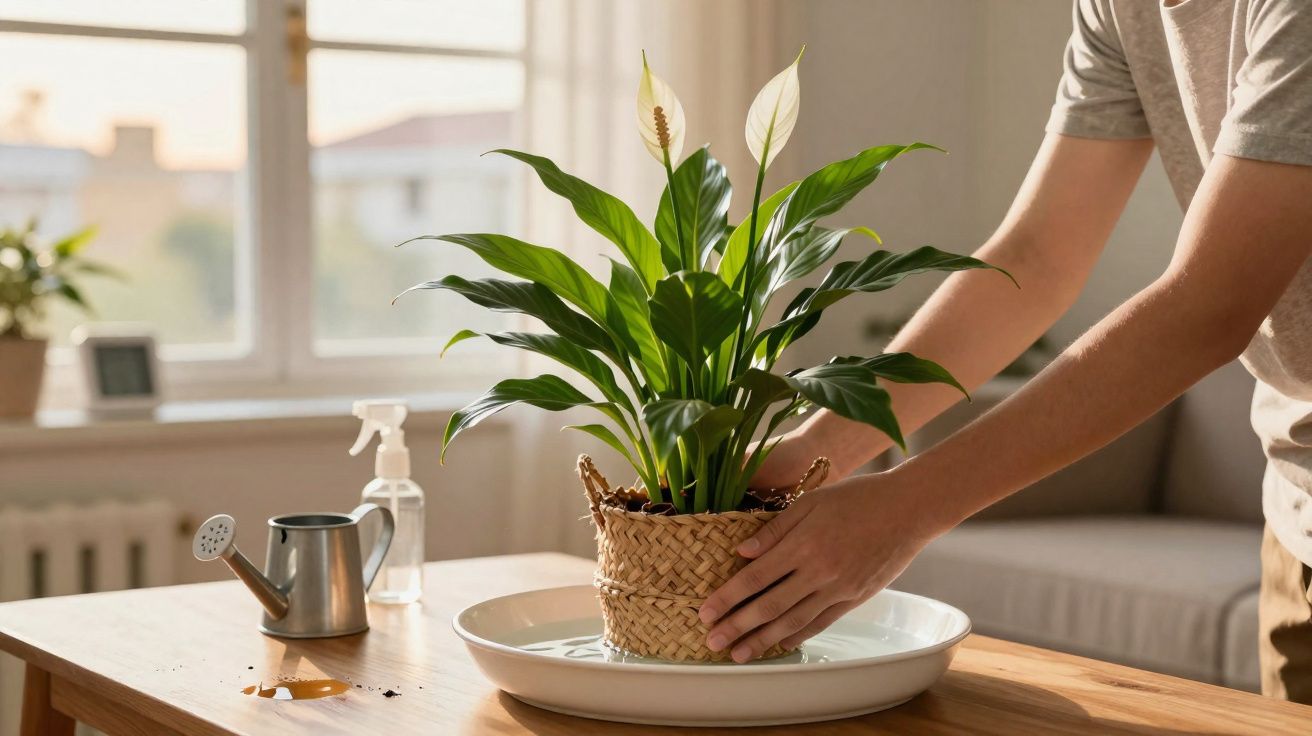 Pessoa a cuidar de planta com regador e pulverizador numa sala iluminada por luz natural.