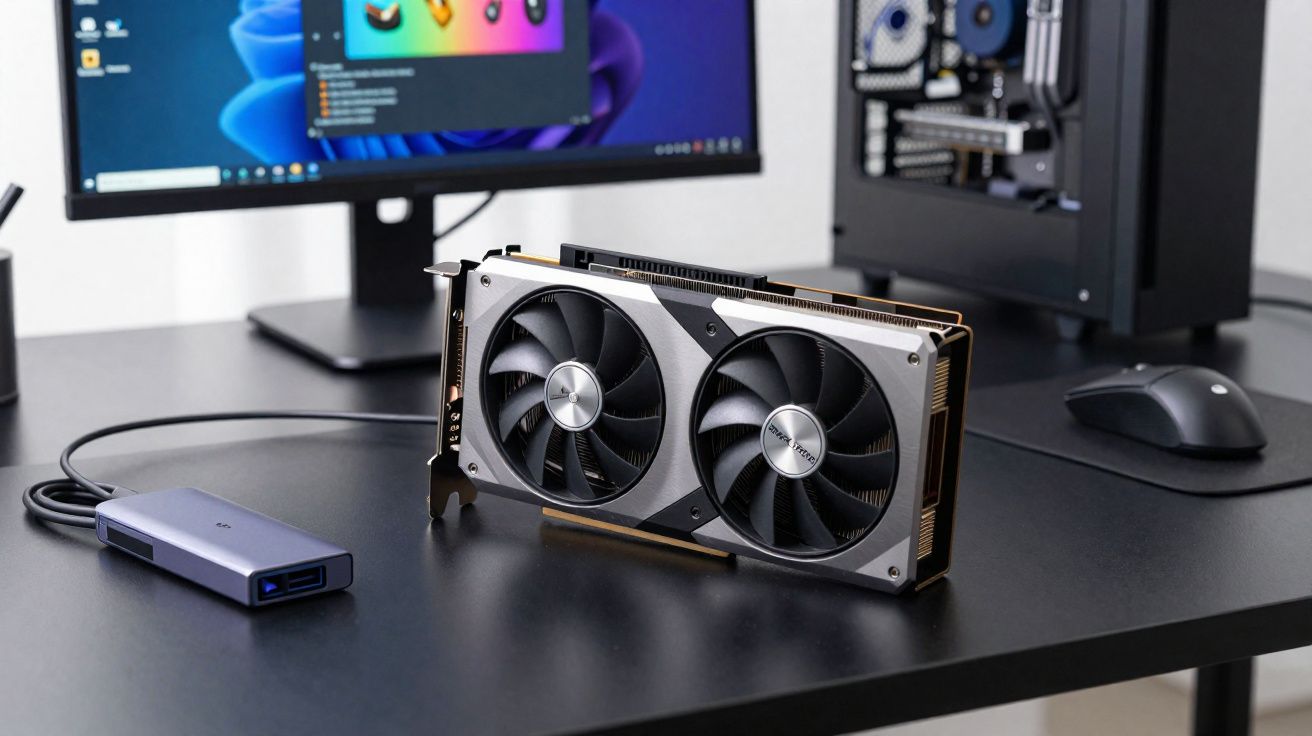 Placa gráfica de computador com ventoinhas duplas sobre mesa preta, ao lado de monitor, rato e CPU aberta.